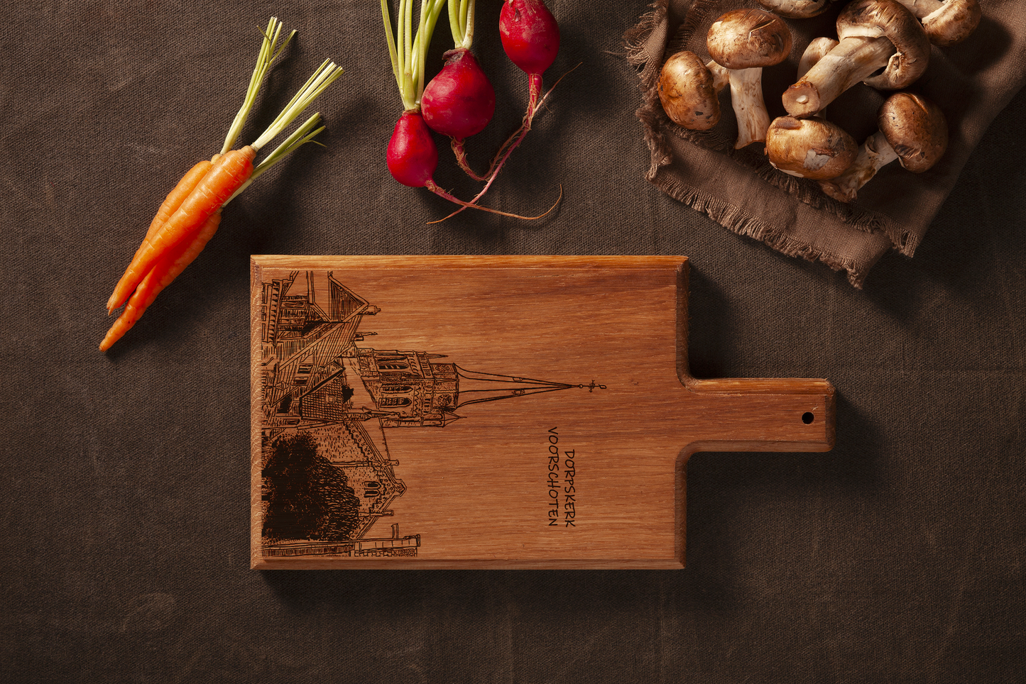 Handmade Voorschoten Dorpskerk Engraved Cheese Board - Beech Wood