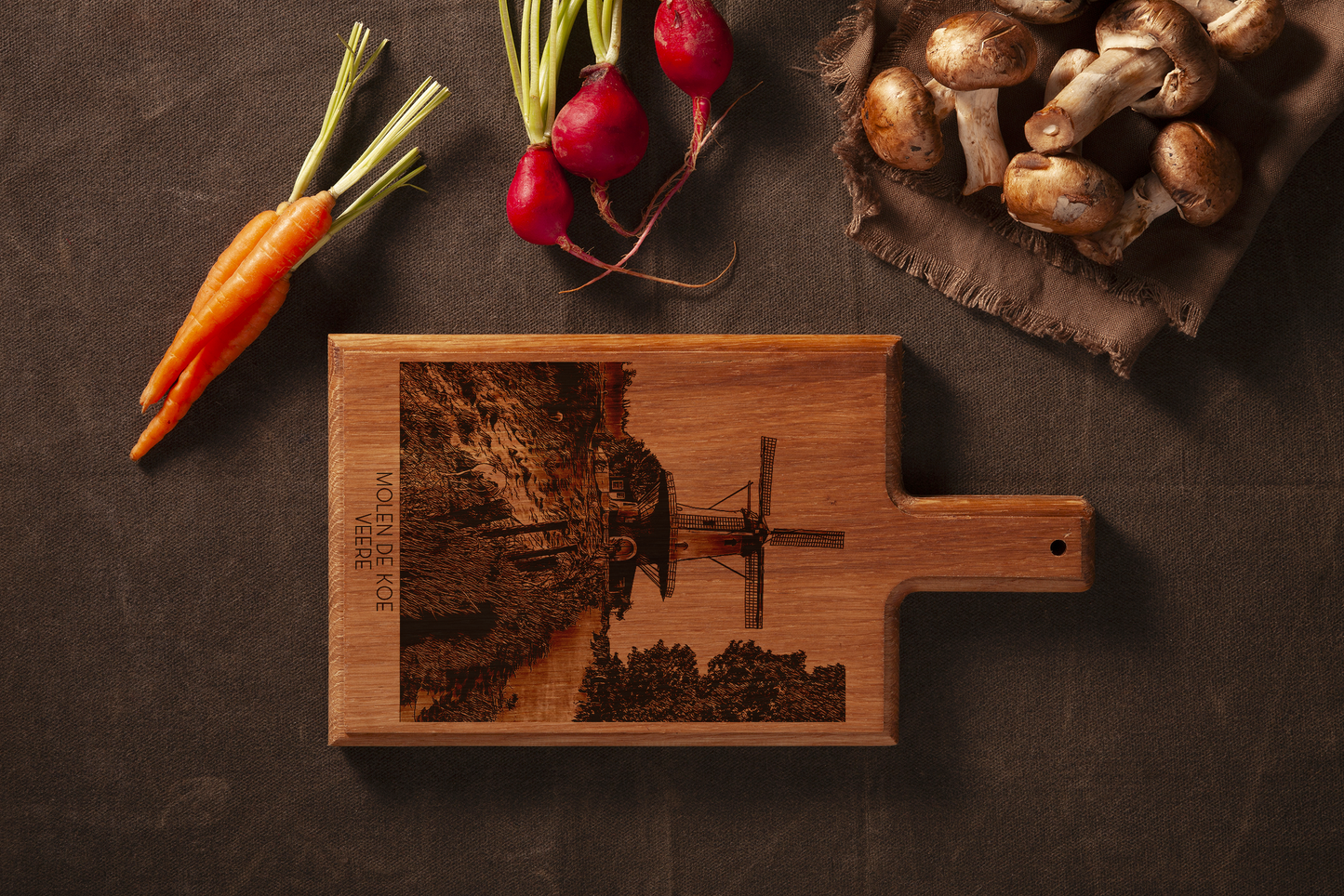 Handmade Veere Molen De Koe Engraved Cheese Board - Beech Wood