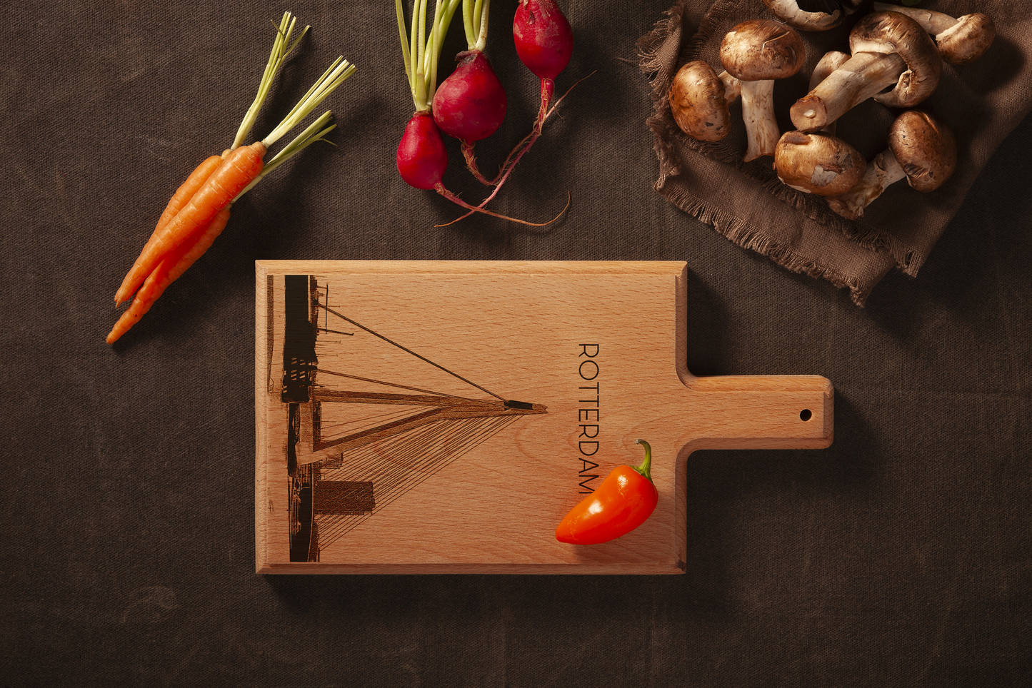 Handmade Rotterdam Erasmusbrug Engraved Cheese Board - Beech Wood