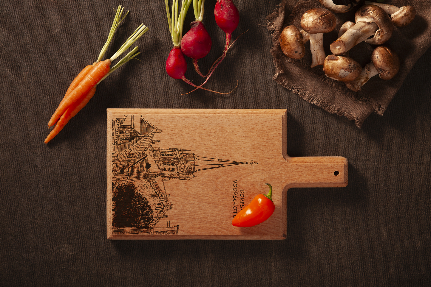 Handmade Voorschoten Dorpskerk Engraved Cheese Board - Beech Wood