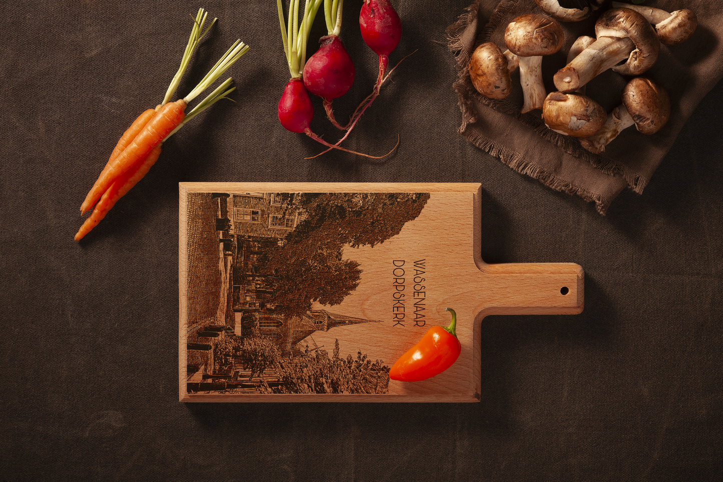 Handmade Wassenaar Dorpskerk Engraved Cheese Board - Beech Wood