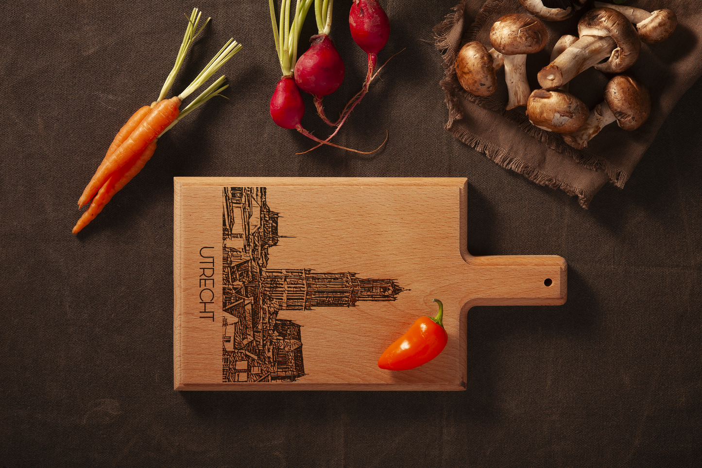 Handmade Utrecht Domtoren Engraved Cheese Board - Beech Wood