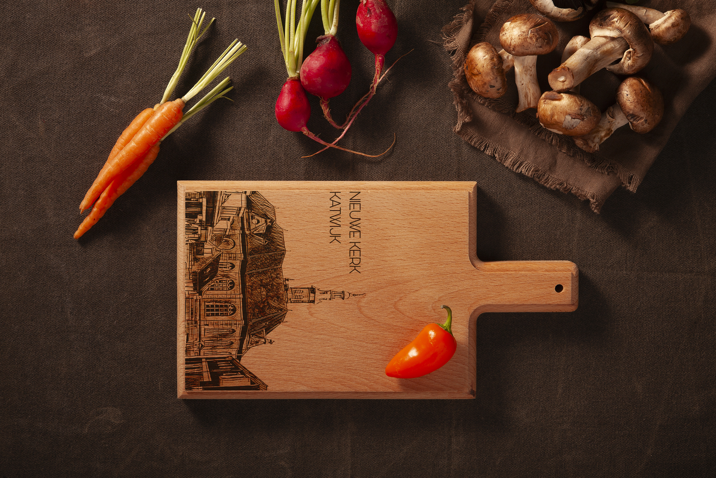 KATWIJK DE NIEUWE KERK HANDMADE , ENGRAVED CHEESE BOARD