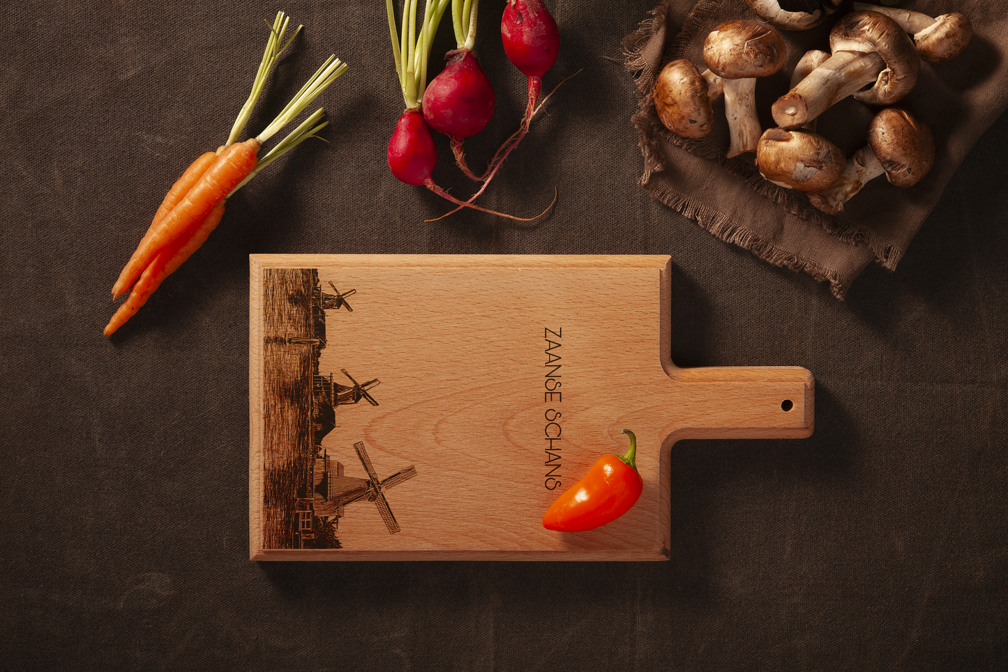 Handmade Zaandam Zaanse Schans Engraved Cheese Board - Beech Wood