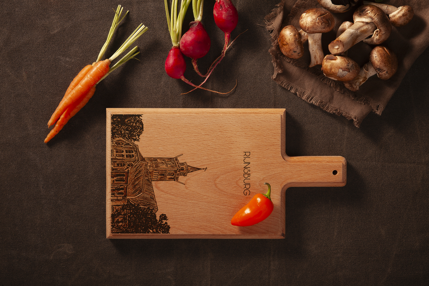 Handmade Rijnsburg Grote Kerk Engraved Cheese Board - Beech Wood