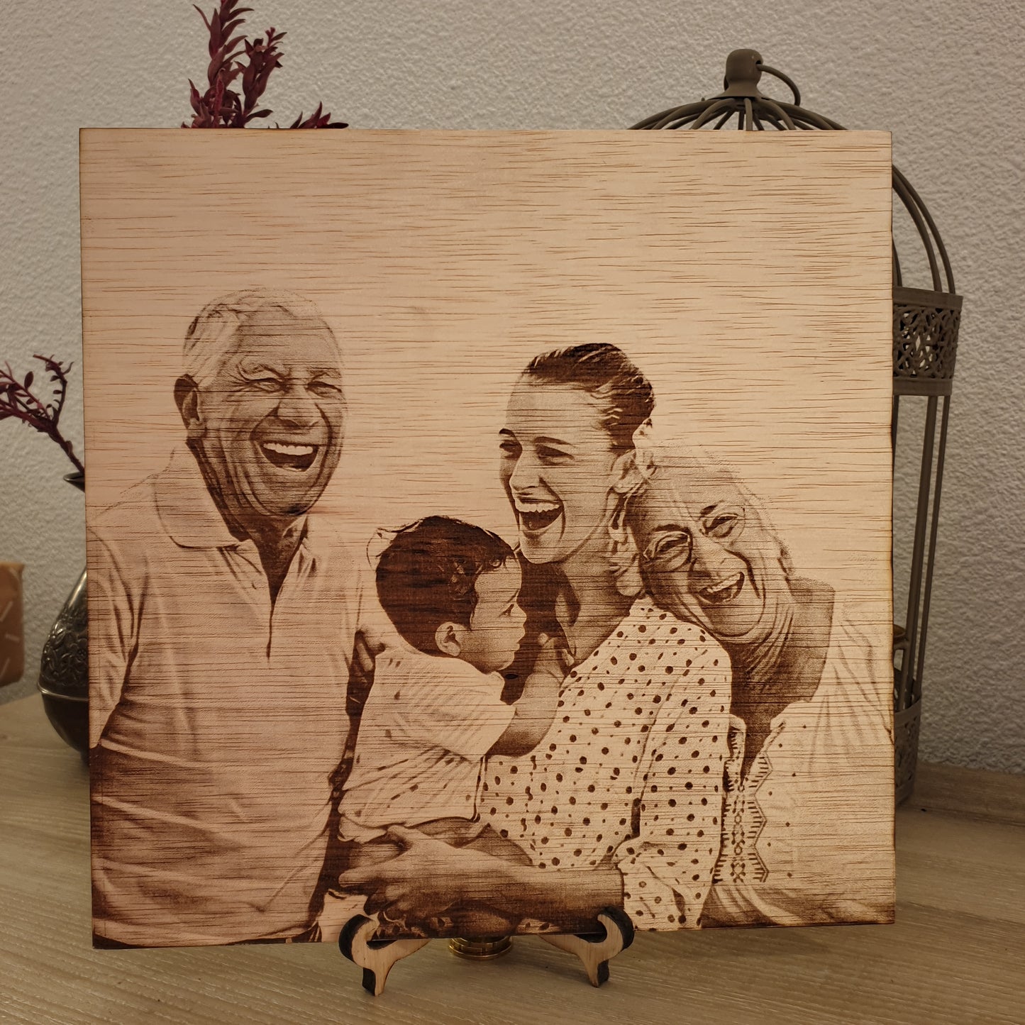 "Custom Photo on Wood Displayed on a Shelf with Green Plant"